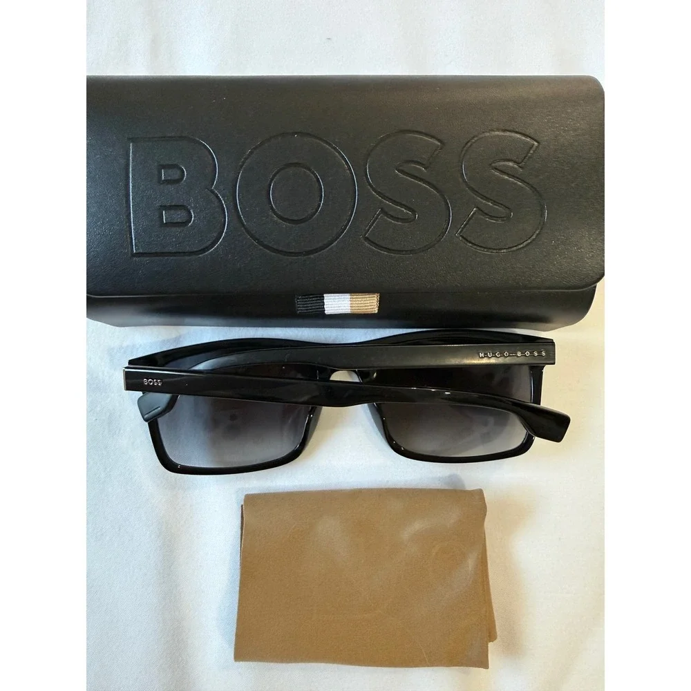 Hugo Boss Black Rectangular Sunglasses with Embossed Case and Cloth